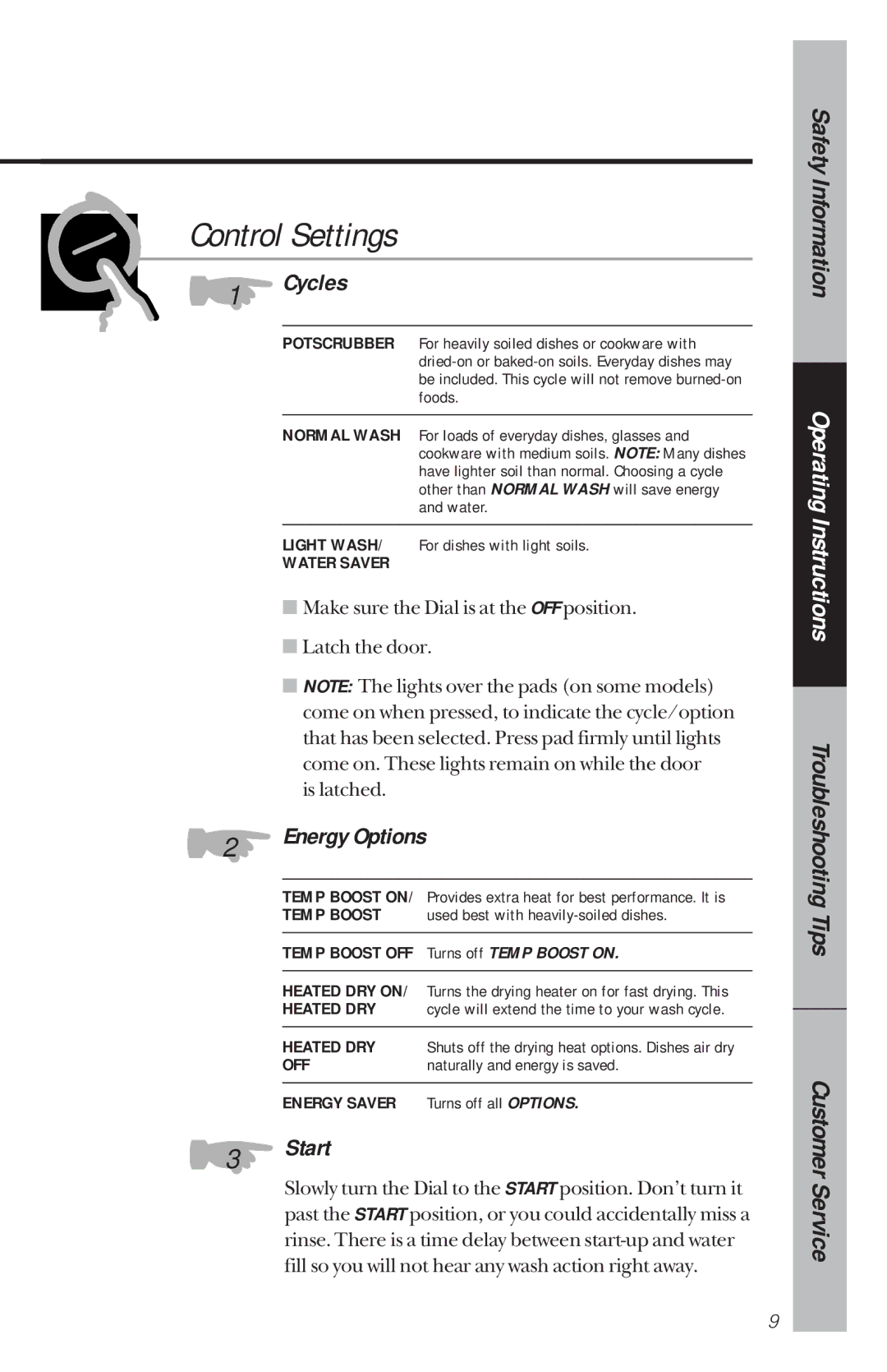 GE GSD950, GSD900, GSD800, GSD980, GSD880, GSD850, GSD930, GSD830 owner manual Control Settings, Cycles, Start 