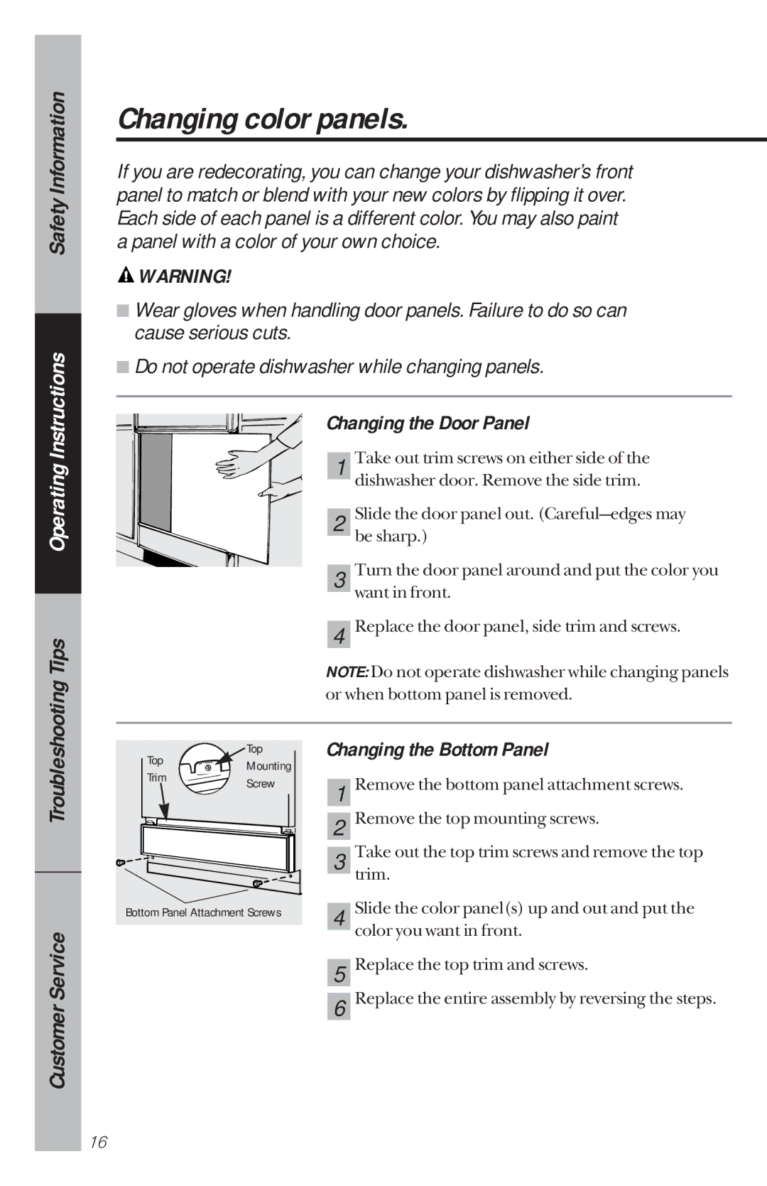 GE GSD900, GSD950, GSD800, GSD980, GSD880, GSD850 Changing color panels, Changing the Door Panel, Changing the Bottom Panel 