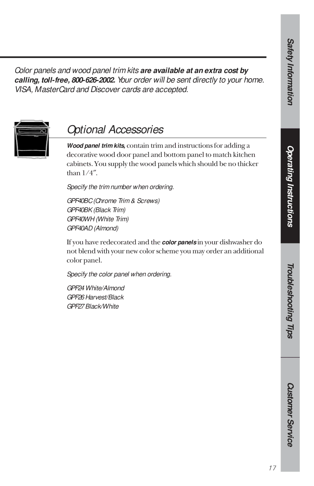 GE GSD950, GSD900, GSD800, GSD980, GSD880, GSD850, GSD930, GSD830 owner manual Optional Accessories 