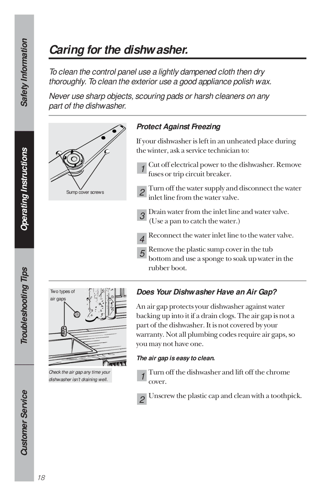 GE GSD800, GSD900, GSD950, GSD980 Caring for the dishwasher, Protect Against Freezing, Does Your Dishwasher Have an Air Gap? 