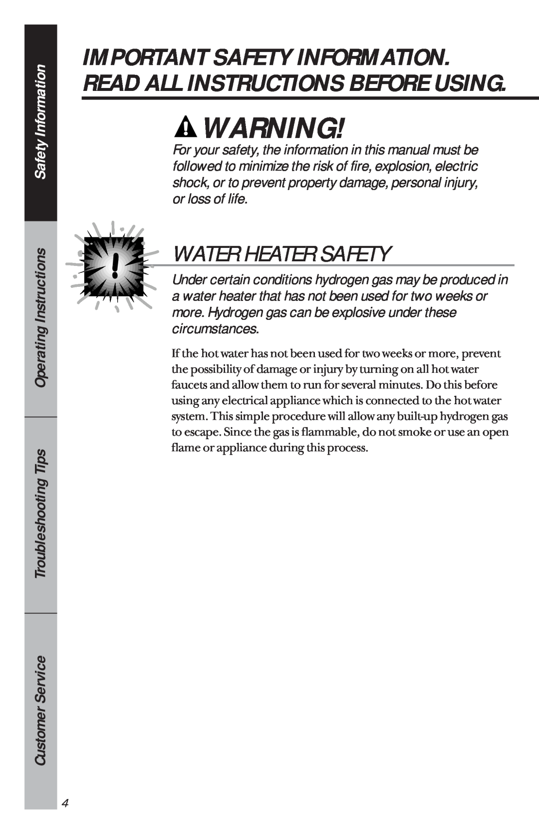 GE GSD880, GSD900, GSD950, GSD800 Water Heater Safety, Important Safety Information. Read All Instructions Before Using 