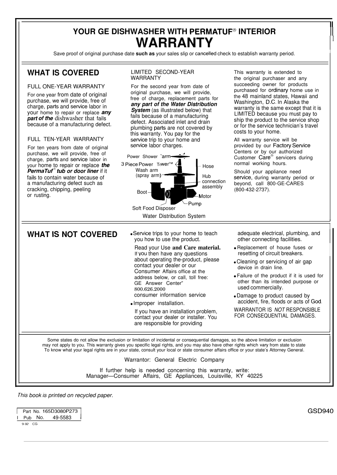 GE GSD940P warranty Warranty 
