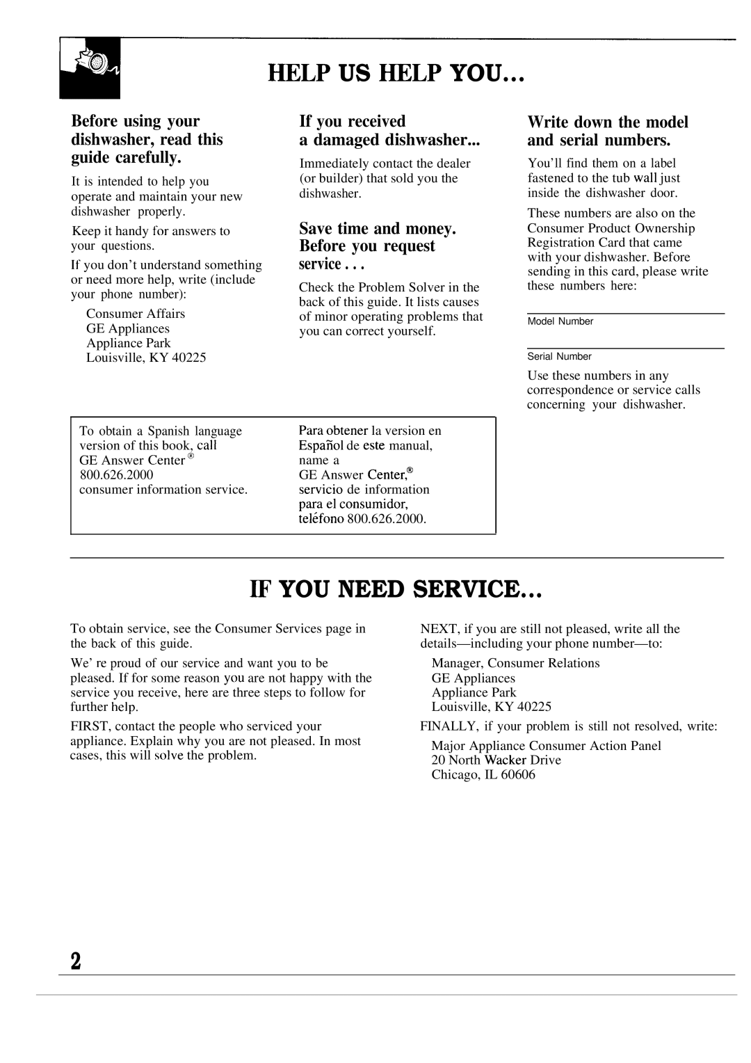 GE GSD940P warranty ~Lp Us ~Lp You, ~ YOU Need Service, Before using your dishwasher, read this guide carefully 