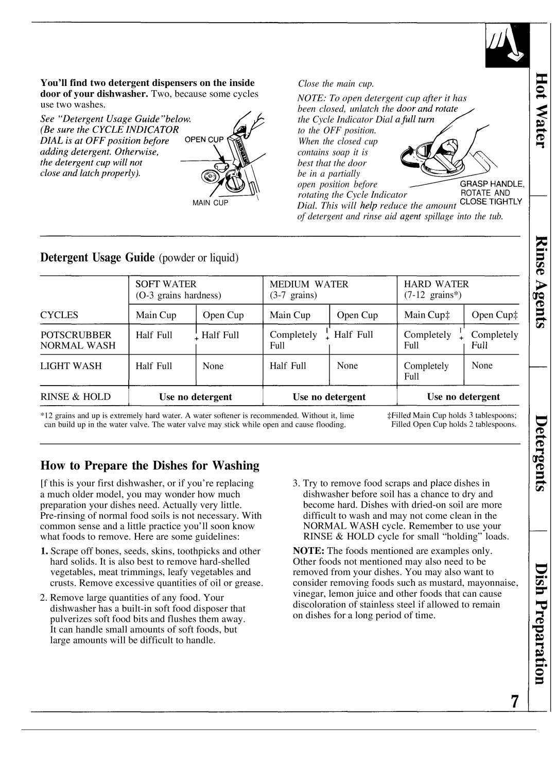 GE GSD940P warranty Detergent Usage Guide powder or liquid, How to Prepare the Dishes for Washing, Use no detergent 