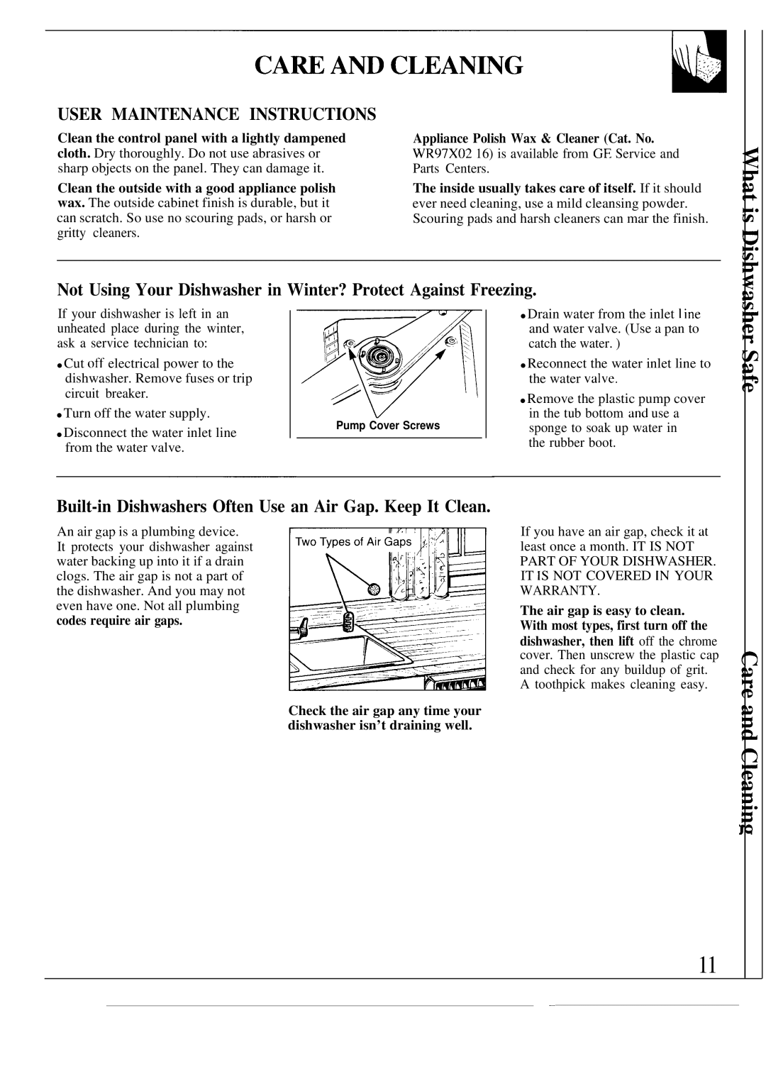 GE GSD980, GSD950 warranty User Maintenance Instructions, Built-in Dishwashers Often Use an Air Gap. Keep It Clean 