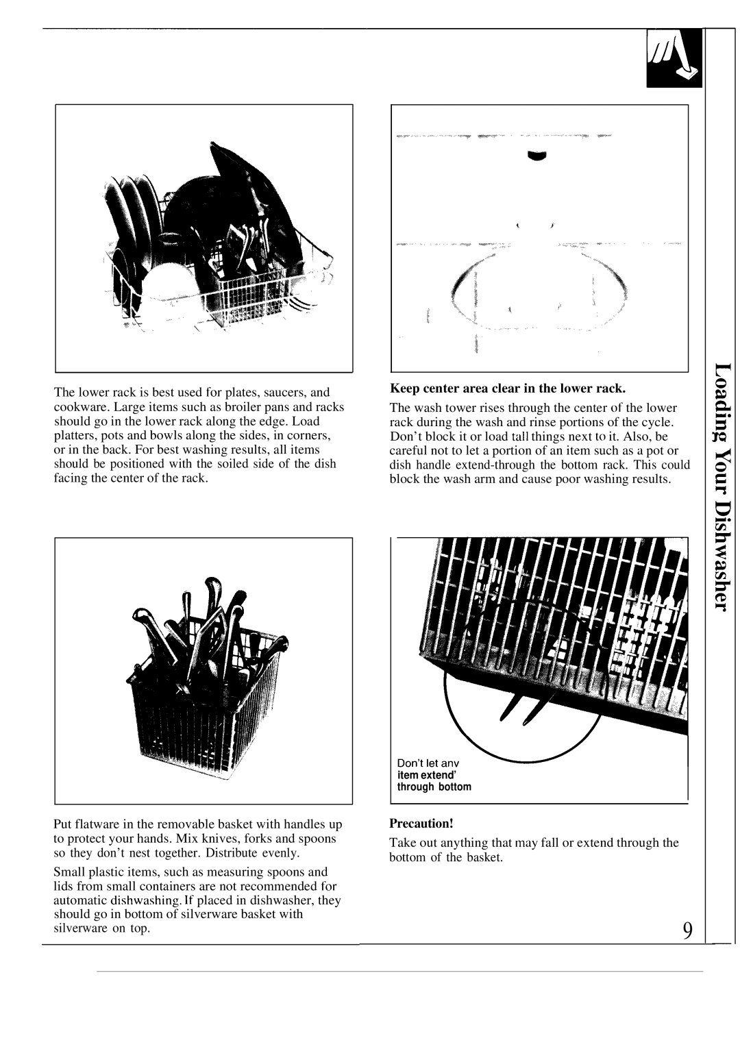 GE GSD980, GSD950 warranty Keep center area clear in the lower rack, Precaution 