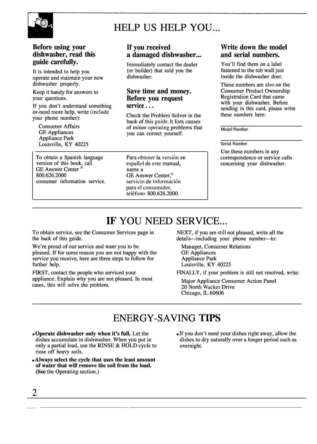 GE GSD950 Help Us Help You, ~ You Need Service, Energy-Saving Tws, Before using your dishwasher, read this guide carefully 