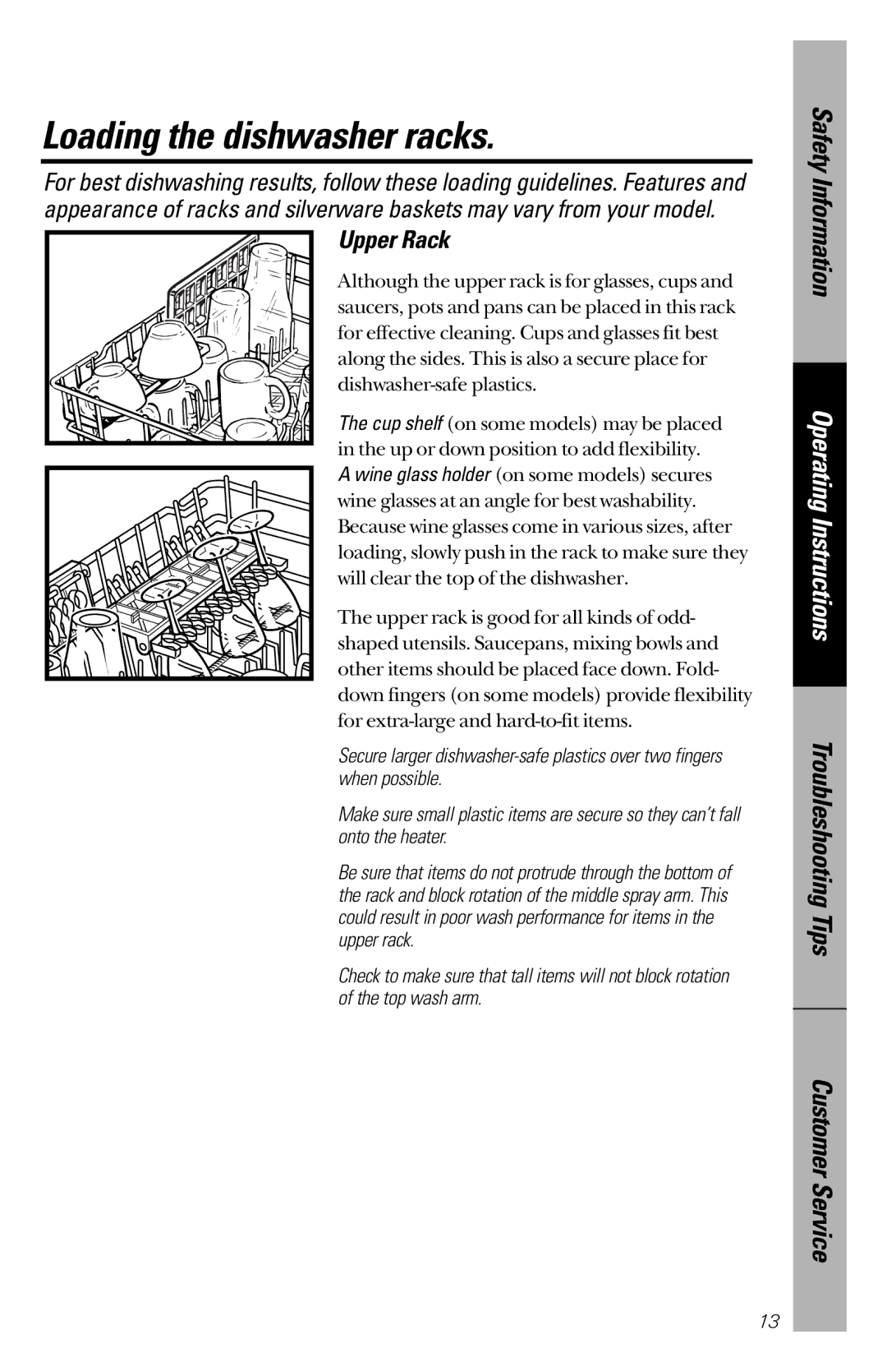 GE GSDL122, GSDL132, GSD5330, GSD5350, GSD5360, GSD5152, GSD5134, GSD5154, GSD5150 Loading the dishwasher racks, Upper Rack 