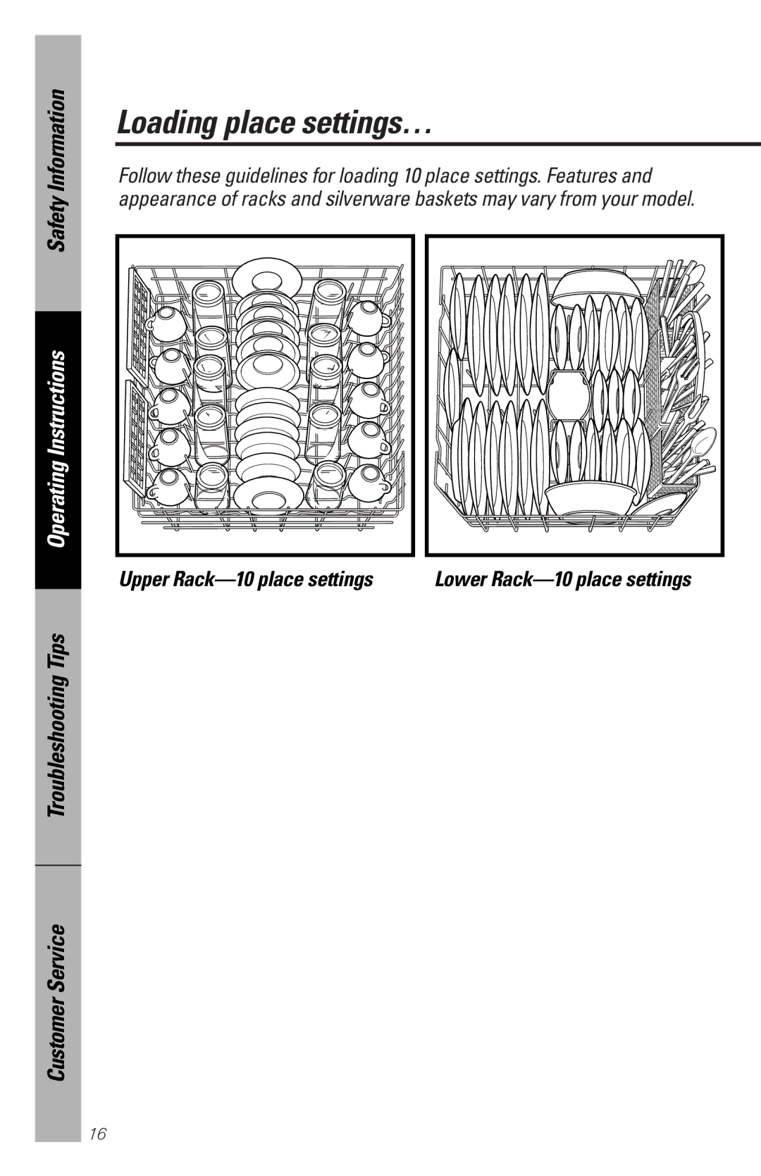 GE GSD5350, GSDL122, GSDL132, GSD5330 Loading place settings…, Upper Rack-10 place settings, Lower Rack-10 place settings 