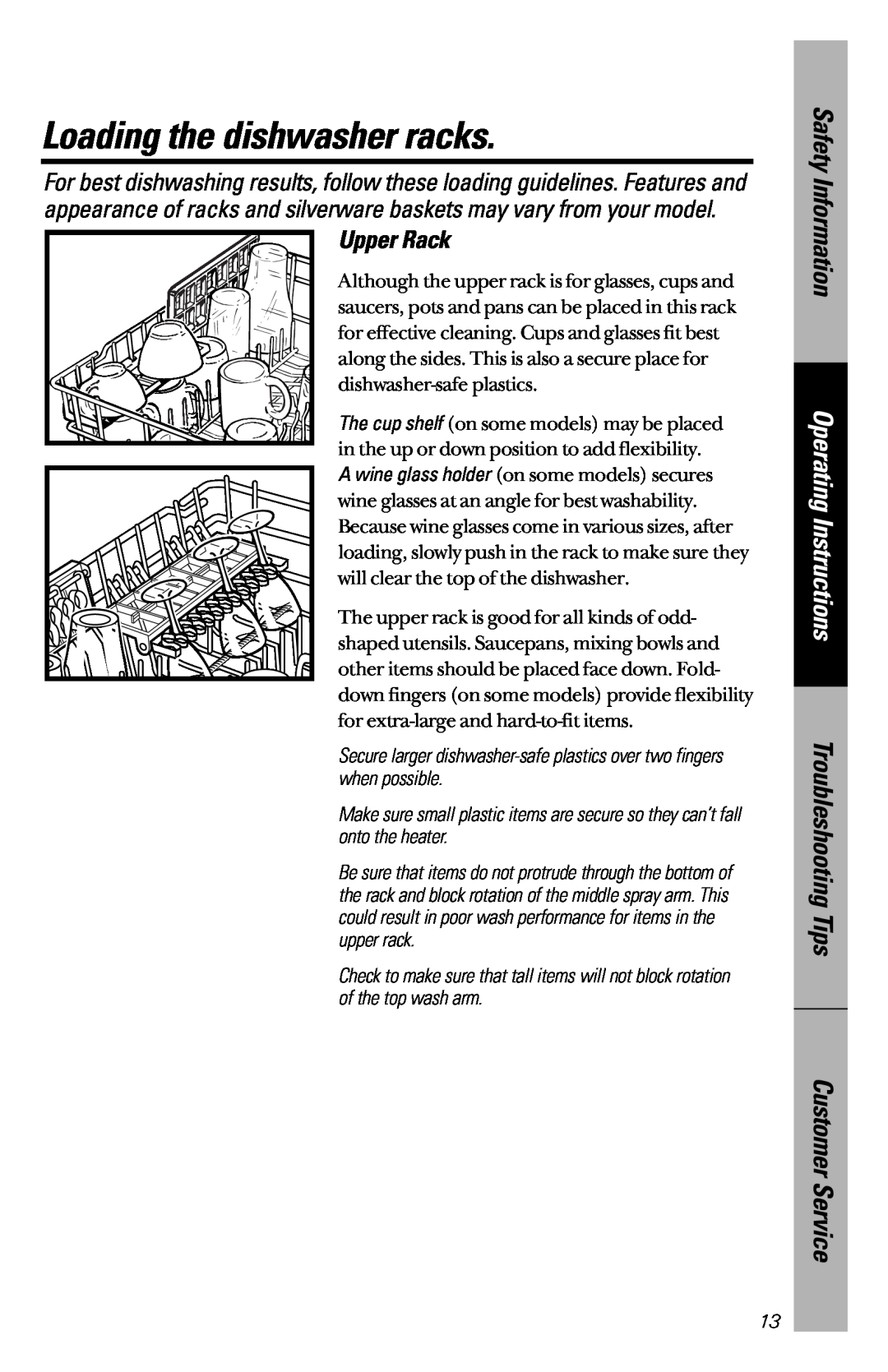 GE GSDL122, GSDL132, GSD5330, GSD5350 Loading the dishwasher racks, Upper Rack, Safety Information, Operating Instructions 