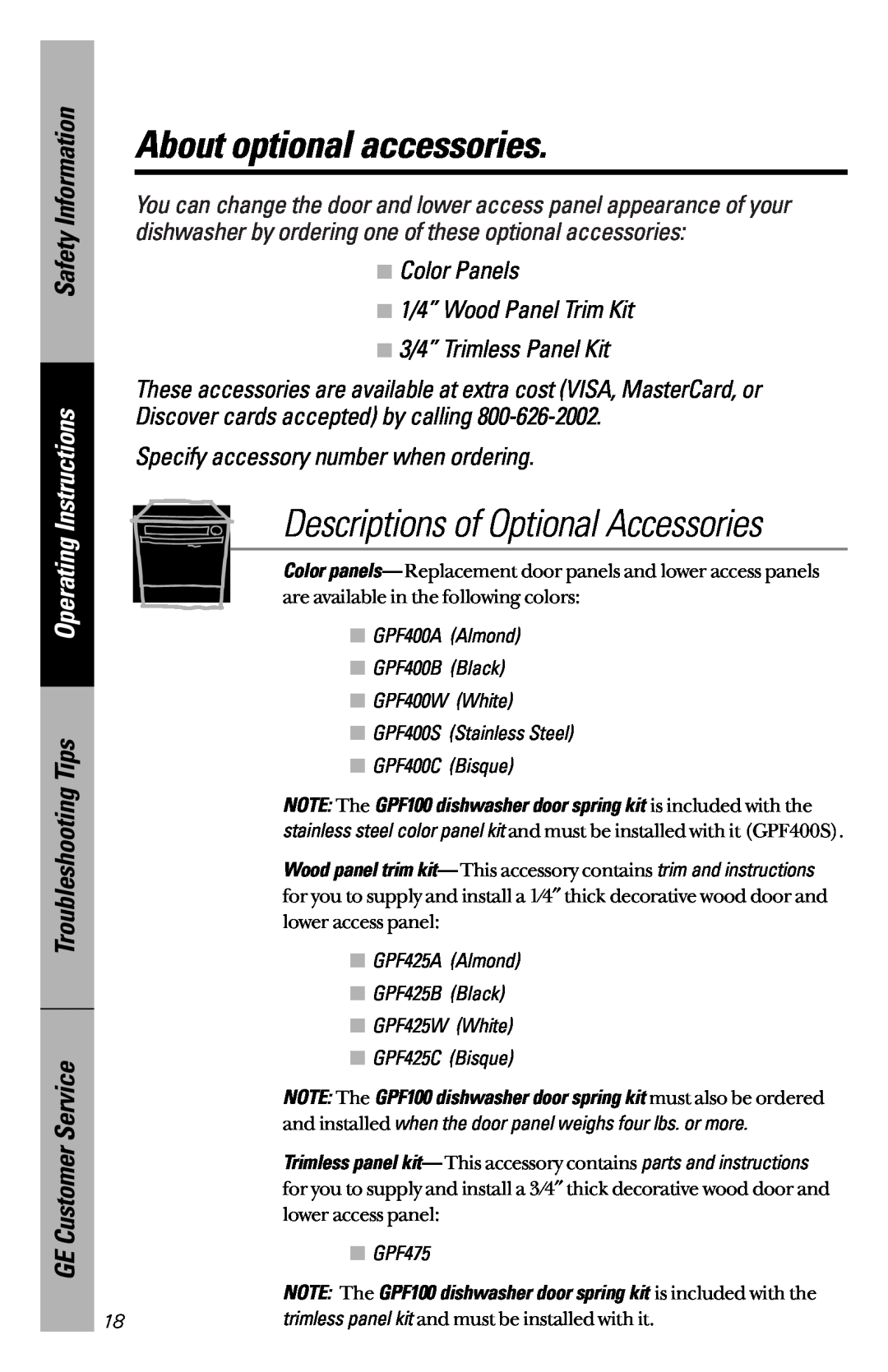 GE GSD5152 About optional accessories, Descriptions of Optional Accessories, Troubleshooting Tips GE Customer Service 