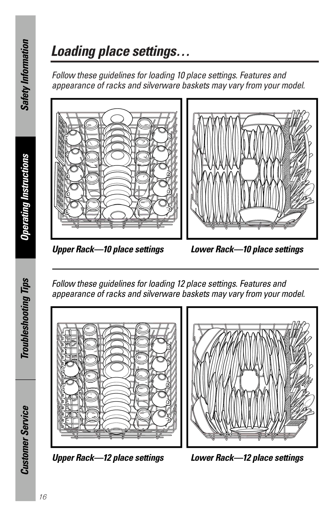 GE GSDL352, GSDL322, GSDL332, GSD5920 Loading place settings…, Upper Rack-10 place settings, Upper Rack-12 place settings 