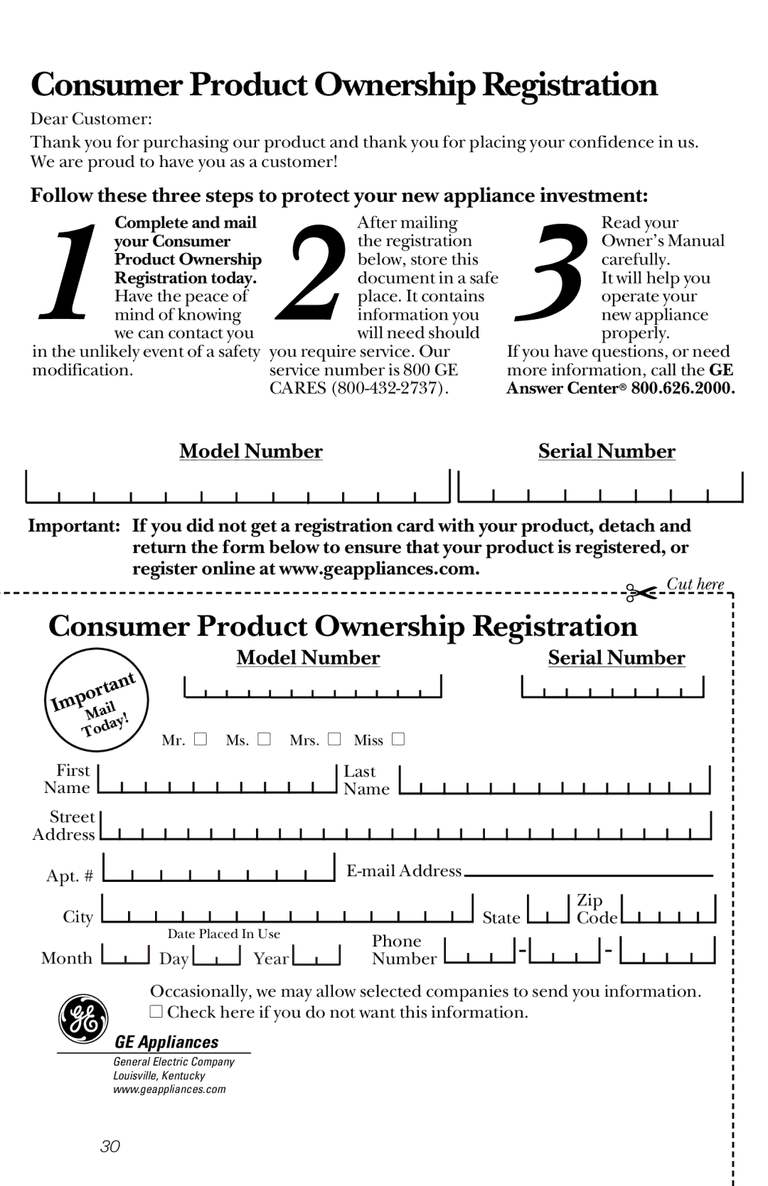 GE GSD5610, GSDL352, GSDL322, GSDL332, GSD5920, GSD5910, GSD5950, GSD5940 Consumer Product Ownership Registration, GE Appliances 