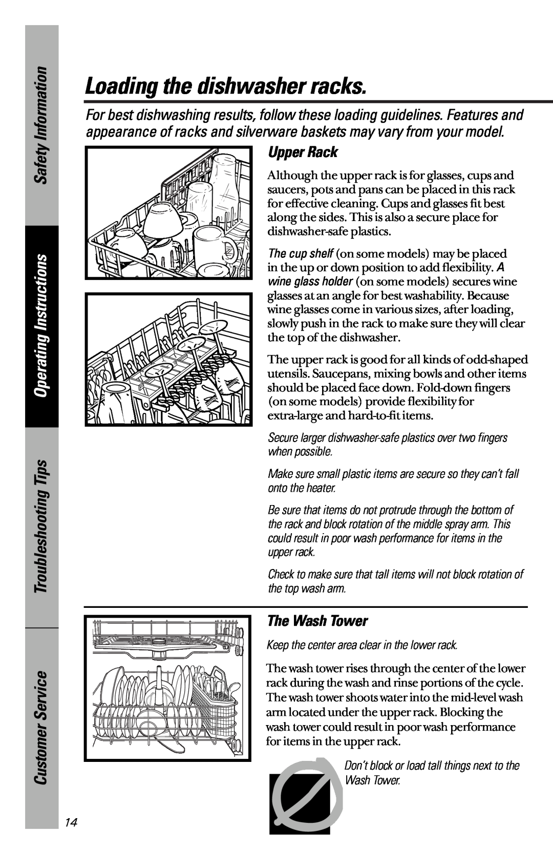 GE GSD5610, GSDL352 Loading the dishwasher racks, Upper Rack, The Wash Tower, Safety Information, Operating Instructions 