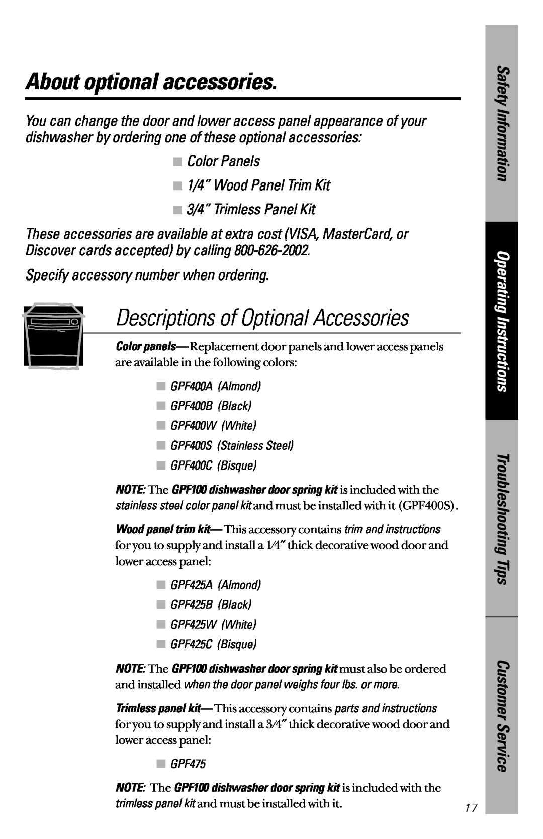 GE GSDL322 About optional accessories, Descriptions of Optional Accessories, Color Panels 1/4” Wood Panel Trim Kit 
