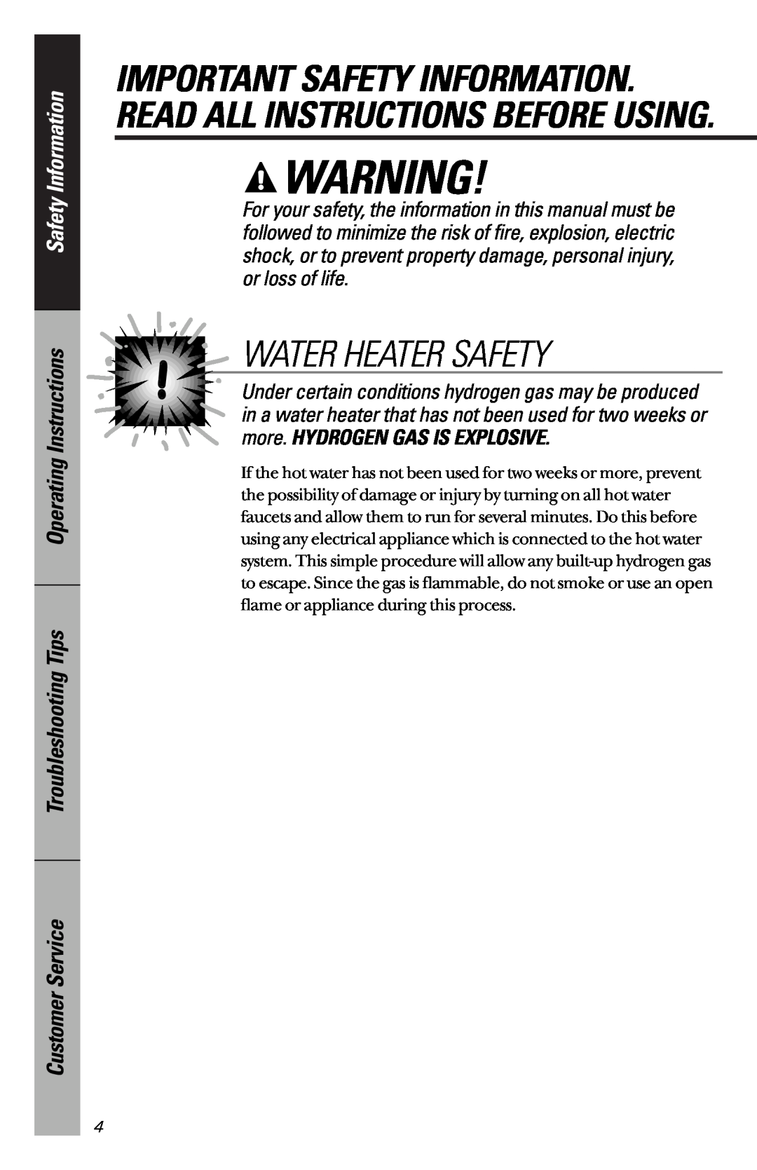 GE GSD5910, GSDL352 Water Heater Safety, Safety Information, Operating Instructions Troubleshooting Tips, Customer Service 