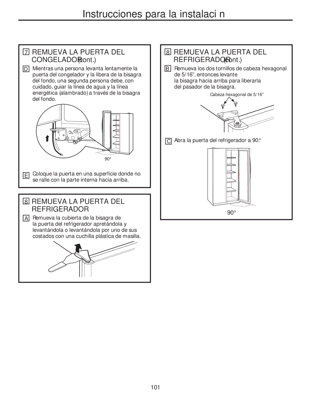 GE GSE25HMHES, GSE25HSHSS installation instructions Remueva LA Puerta DEL Refrigerador, Remueva LA Puerta DEL Congelador 