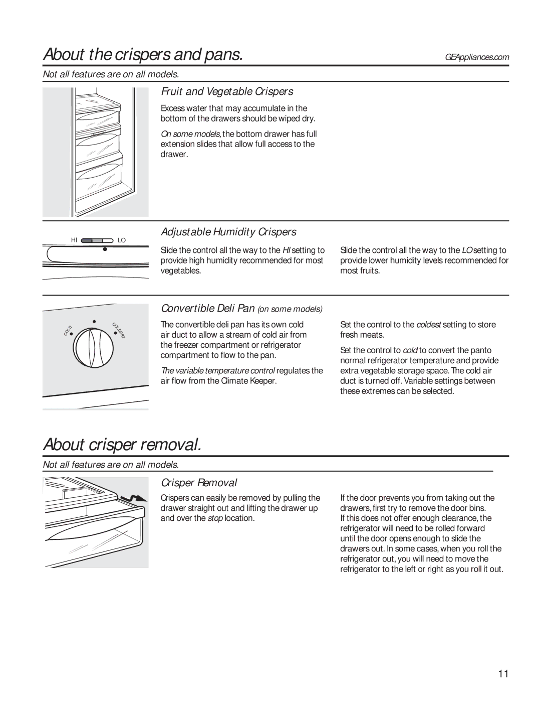 GE GSE25HMHES About the crispers and pans, About crisper removal, Fruit and Vegetable Crispers, Crisper Removal 