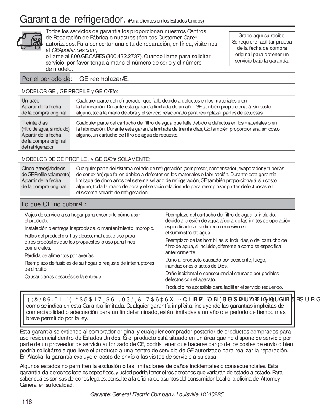 GE GSE25HSHSS, GSE25HMHES GE reemplazará, Lo que GE no cubrirá, Modelos GE , GE Profile y GE Cáfe Un año, Treinta días 