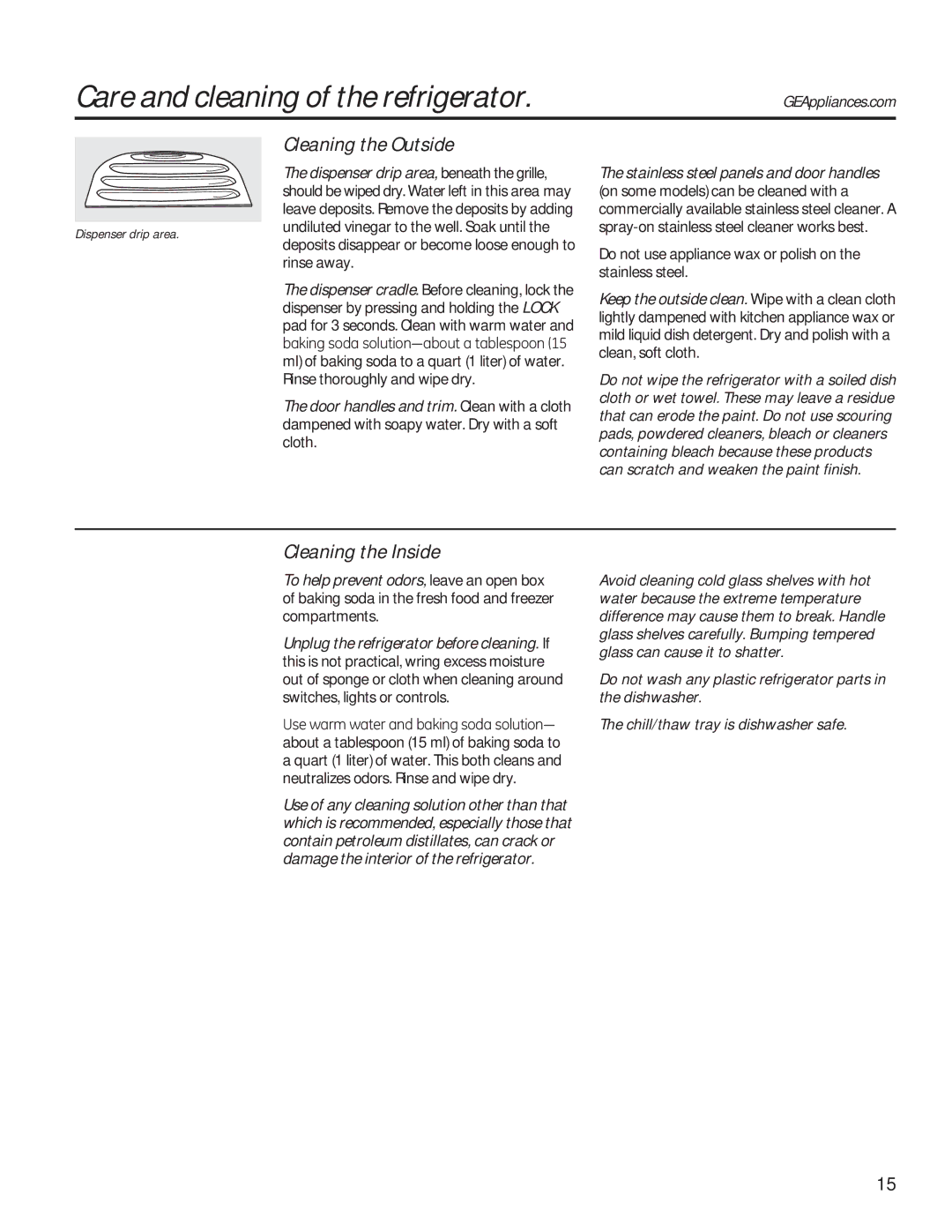 GE GSE25HMHES, GSE25HSHSS Care and cleaning of the refrigerator, Cleaning the Outside, Cleaning the Inside 