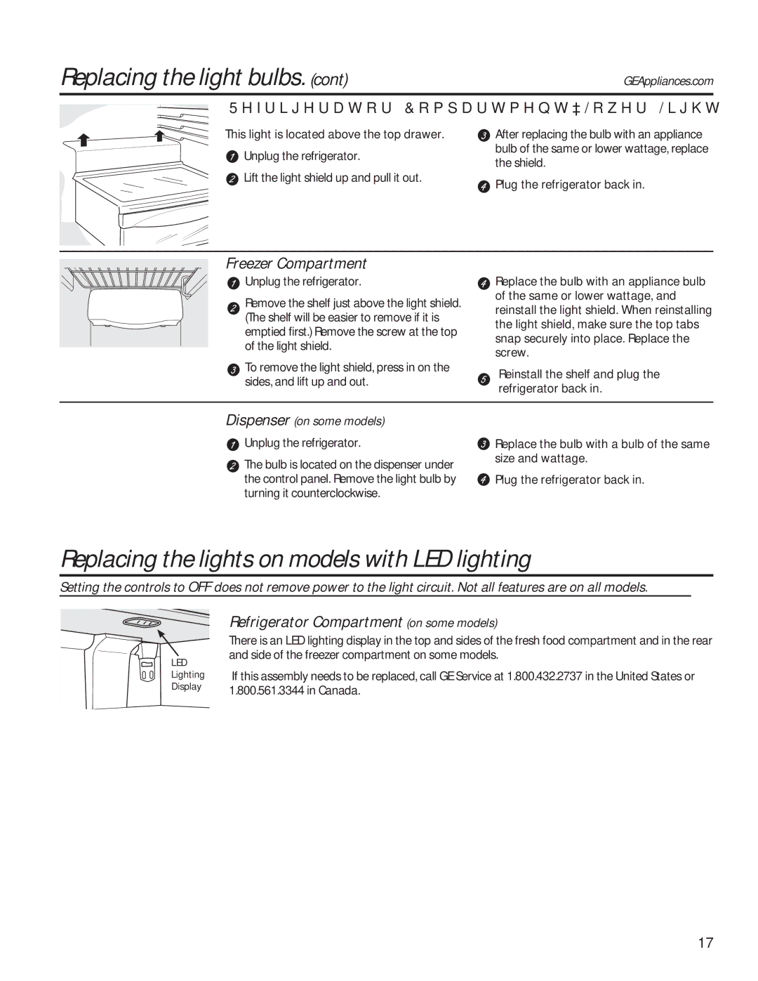 GE GSE25HMHES, GSE25HSHSS Replacing the light bulbs, Replacing the lights on models with LED lighting, Freezer Compartment 