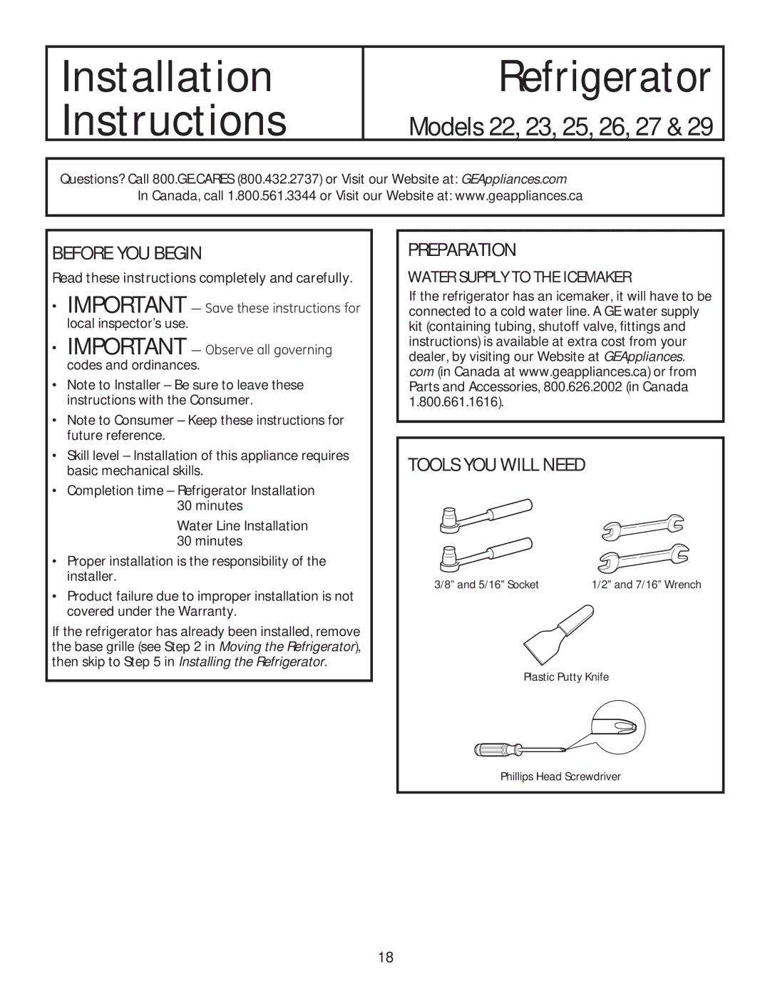 GE GSE25HSHSS Before YOU Begin, Preparation, Tools YOU will Need, Read these instructions completely and carefully 