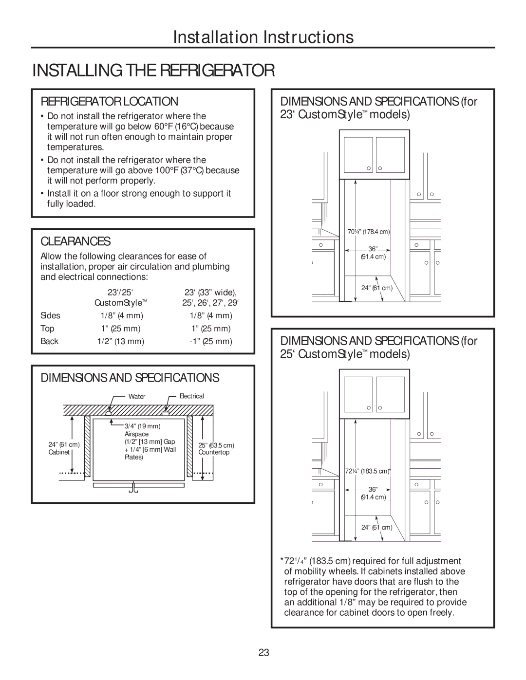 GE GSE25HMHES, GSE25HSHSS Installing the Refrigerator, Refrigerator Location, Clearances, Dimensions and Specifications 