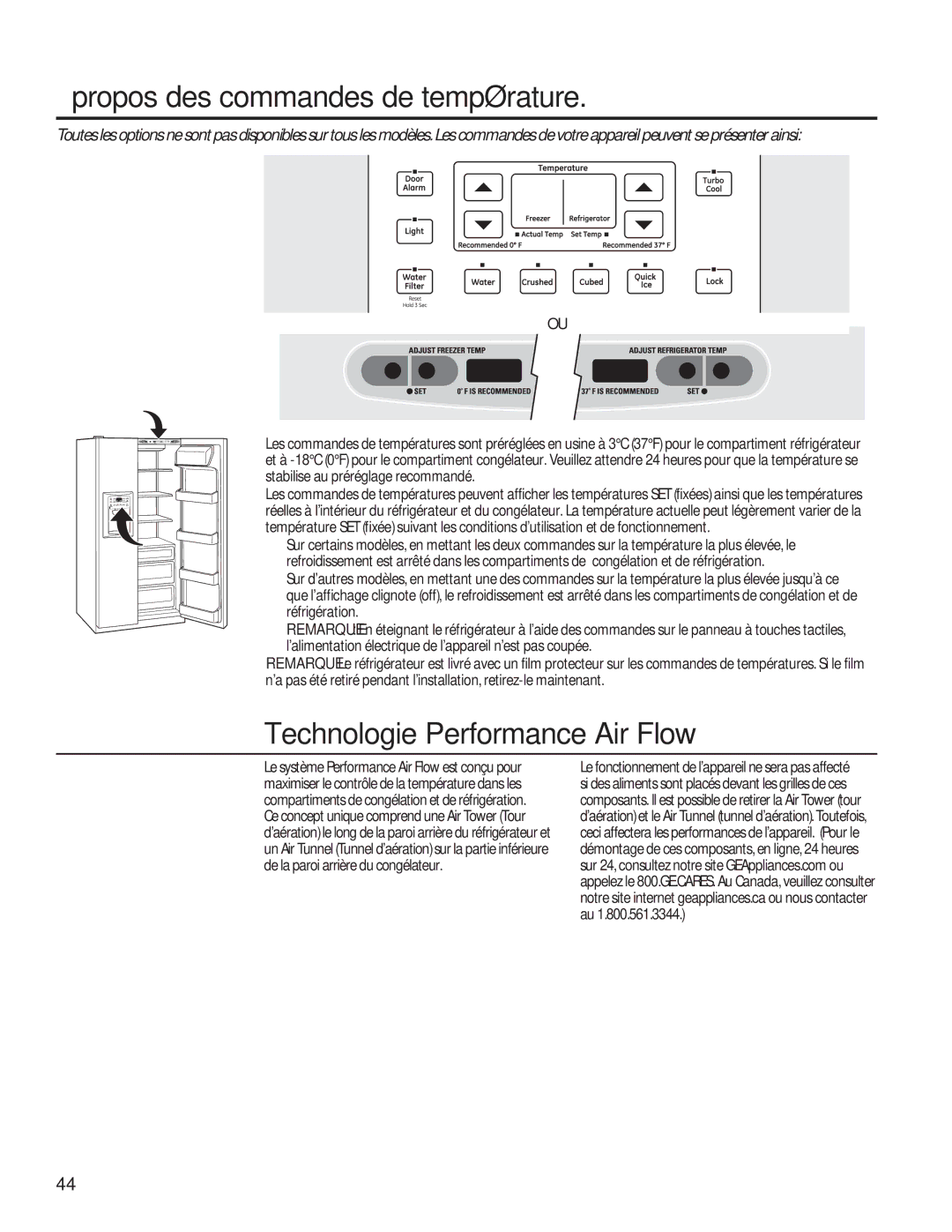 GE GSE25HSHSS, GSE25HMHES installation instructions Propos des commandes de température, Technologie Performance Air Flow 