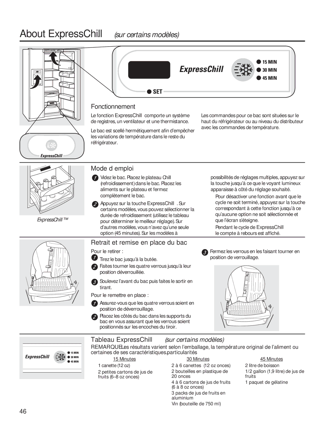 GE GSE25HSHSS, GSE25HMHES installation instructions Tableau ExpressChill, Pour le retirer, Pour le remettre en place 