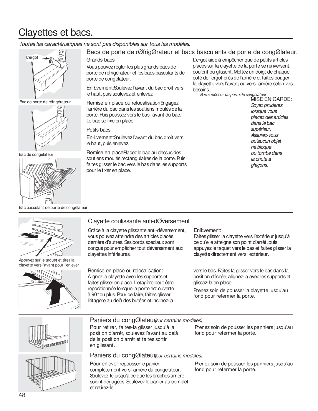 GE GSE25HSHSS Clayettes et bacs, Paniers du congélateur sur certains modèles, Grands bacs, Petits bacs, Enlèvement 