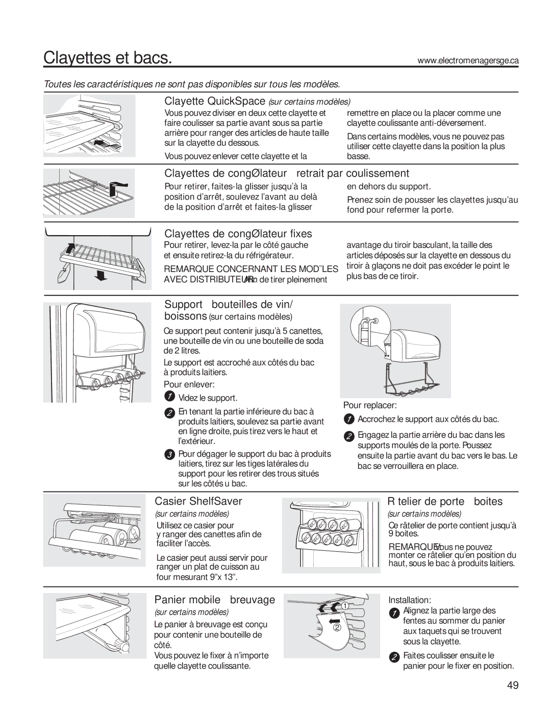 GE GSE25HMHES, GSE25HSHSS installation instructions Casier ShelfSaver, Râtelier de porte à boites, Panier mobile à breuvage 