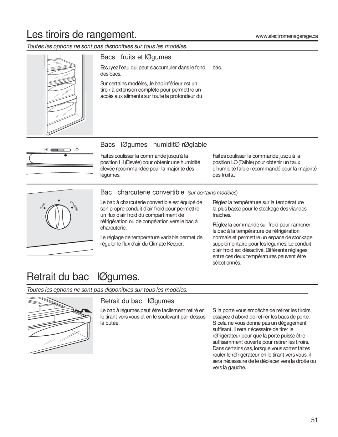 GE GSE25HMHES, GSE25HSHSS installation instructions Les tiroirs de rangement, Retrait du bac à légumes 