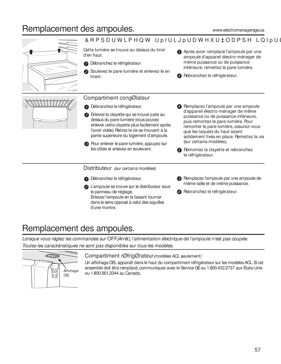 GE GSE25HMHES Remplacement des ampoules, Compartiment congélateur, Compartiment réfrigérateur modèles ACL seulement 