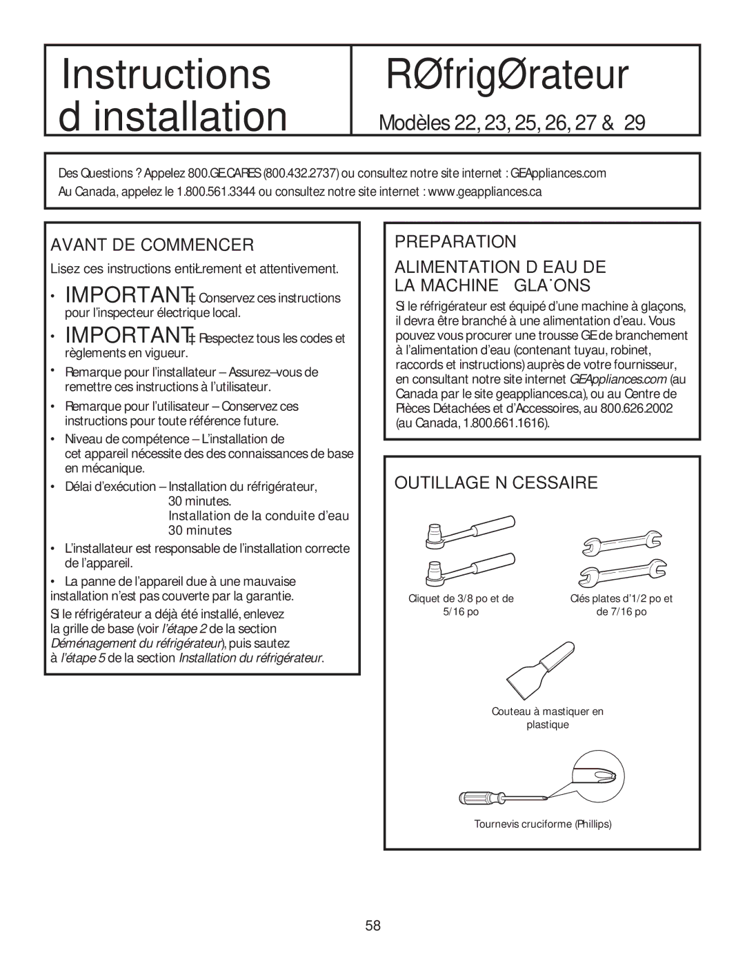 GE GSE25HSHSS, GSE25HMHES Avant DE Commencer, Preparation Alimentation D’EAU DE LA Machine À Glaçons, Outillage Nécessaire 