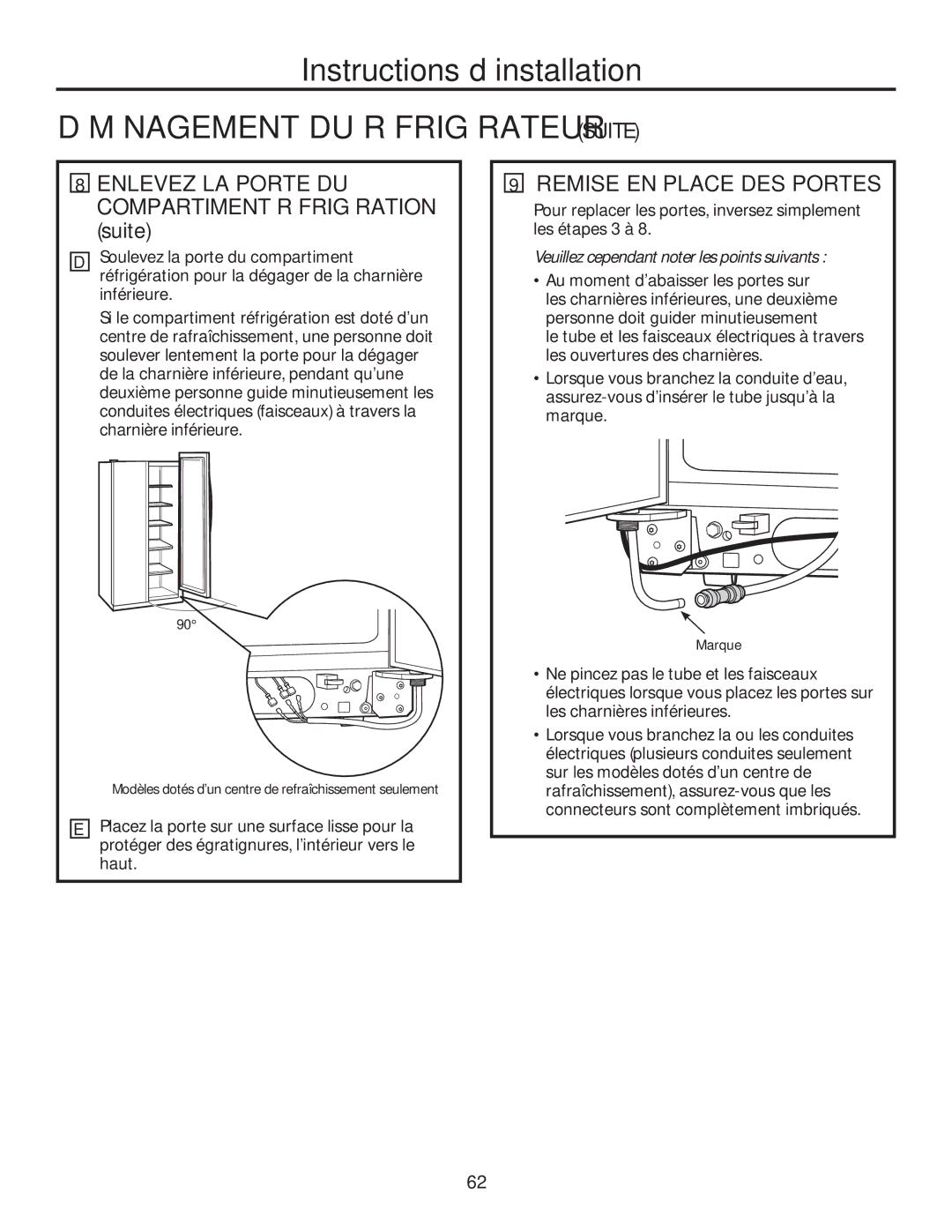 GE GSE25HSHSS, GSE25HMHES installation instructions Remise EN Place DES Portes, Veuillez cependant noter les points suivants 