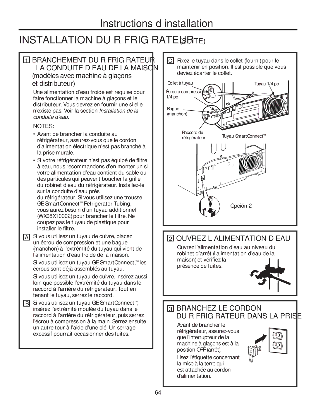 GE GSE25HSHSS, GSE25HMHES Installation DU Réfrigérateur Suite, Branchez LE Cordon DU Réfrigérateur Dans LA Prise 