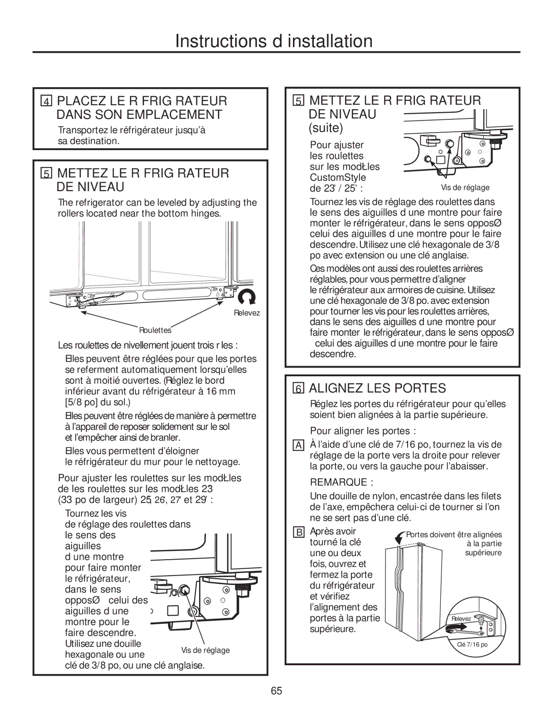 GE GSE25HMHES, GSE25HSHSS installation instructions Mettez LE Réfrigérateur, Alignez LES Portes 