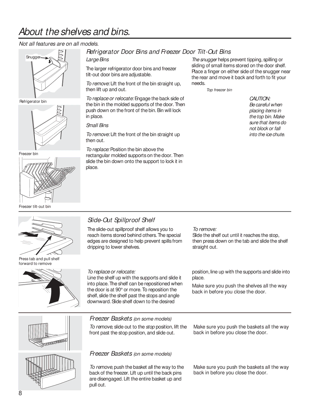 GE GSE25HSHSS, GSE25HMHES About the shelves and bins, Refrigerator Door Bins and Freezer Door Tilt-Out Bins 