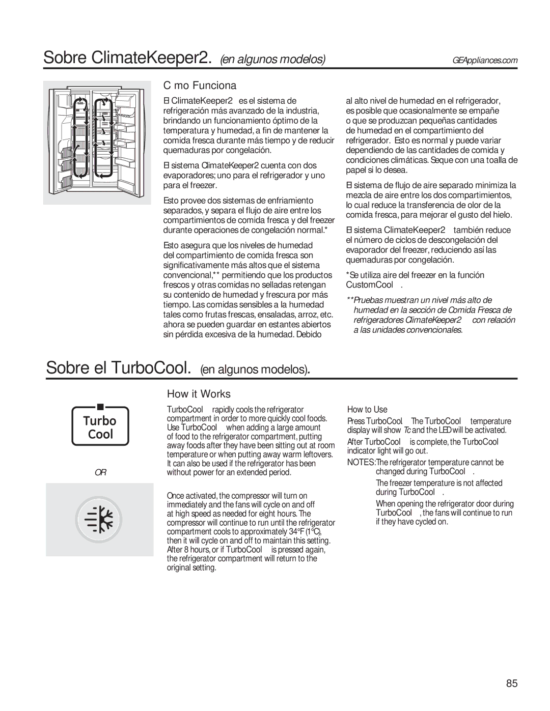 GE GSE25HMHES Sobre ClimateKeeper2. en algunos modelos, Sobre el TurboCool. en algunos modelos, Cómo Funciona, CustomCool 