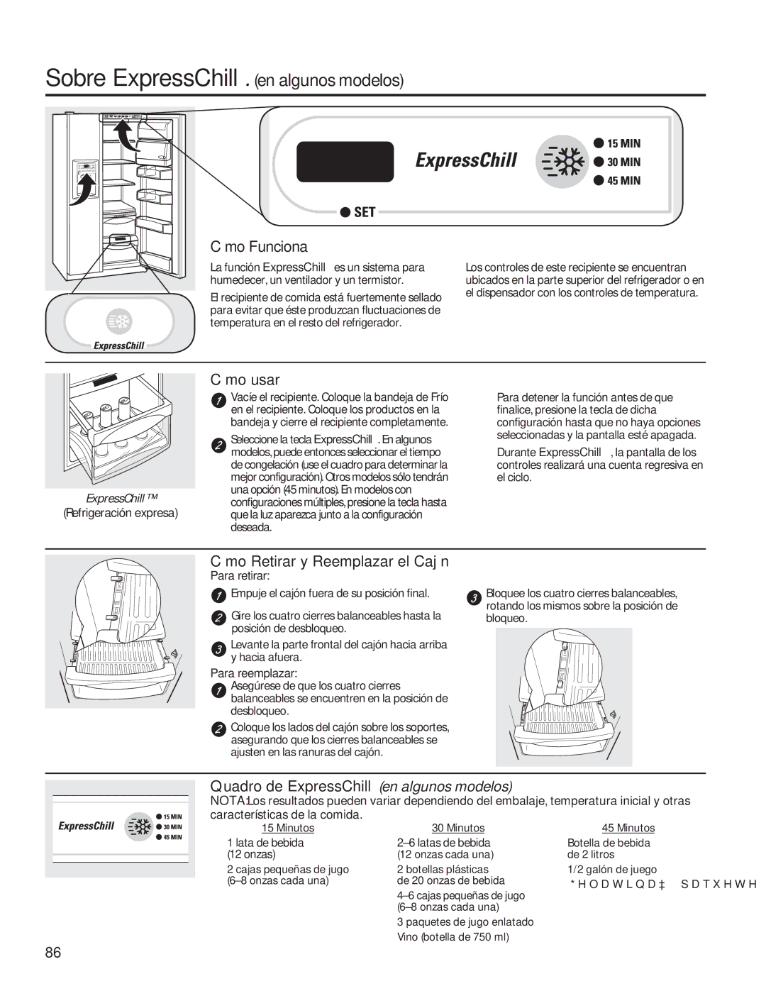 GE GSE25HSHSS Cómo usar, Cómo Retirar y Reemplazar el Cajón, Quadro de ExpressChill en algunos modelos, Para retirar 