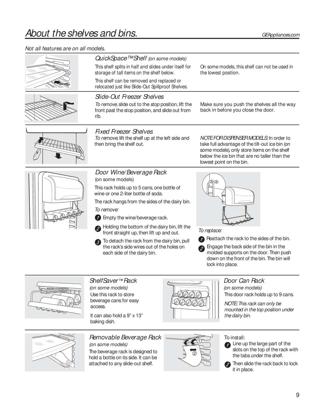 GE GSE25HMHES QuickSpace Shelf on some models, Slide-Out Freezer Shelves, Fixed Freezer Shelves, Door Wine/Beverage Rack 