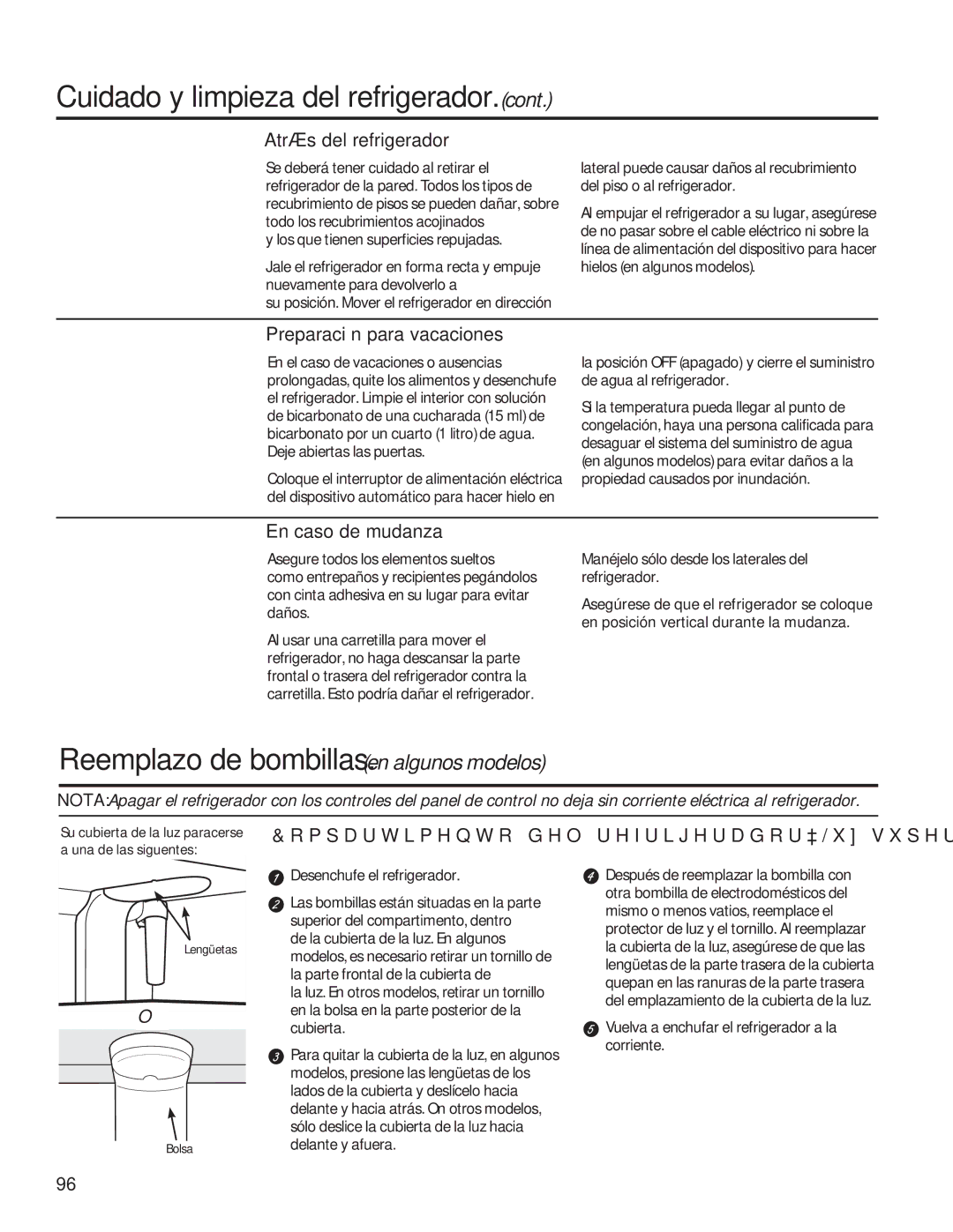 GE GSE25HSHSS Cuidado y limpieza del refrigerador, Reemplazo de bombillas.en algunos modelos, Atrás del refrigerador 