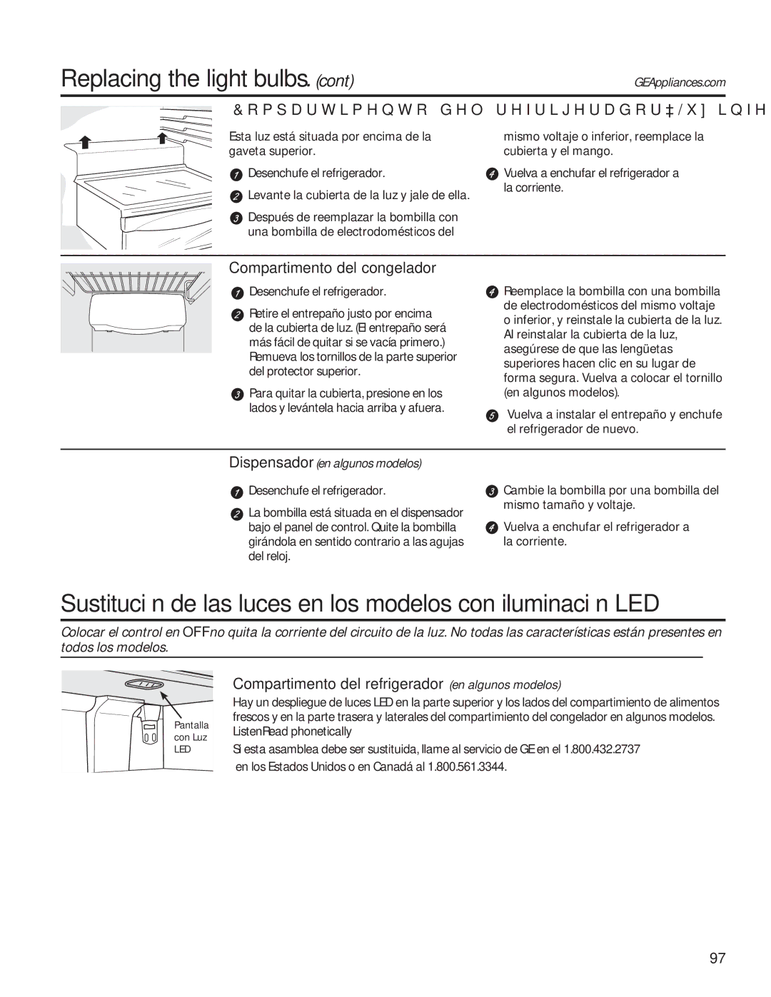 GE GSE25HMHES, GSE25HSHSS Sustitución de las luces en los modelos con iluminación LED, Compartimento del congelador 