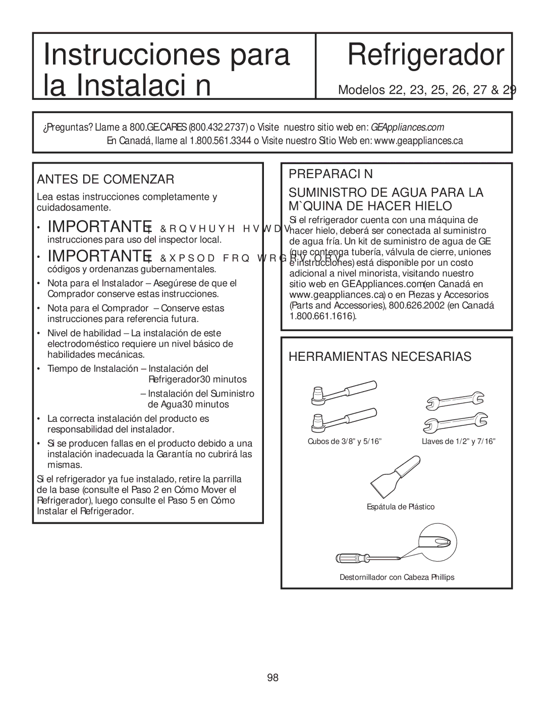 GE GSE25HSHSS, GSE25HMHES installation instructions Antes DE Comenzar, Preparación, Herramientas Necesarias 