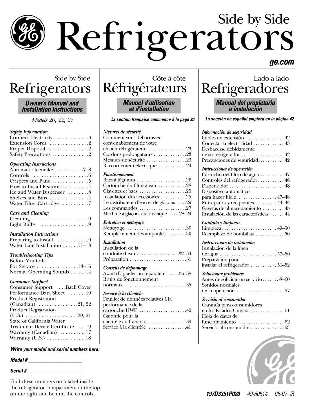 GE GSF25IGZWW manual Refrigerators, Model # Serial # 