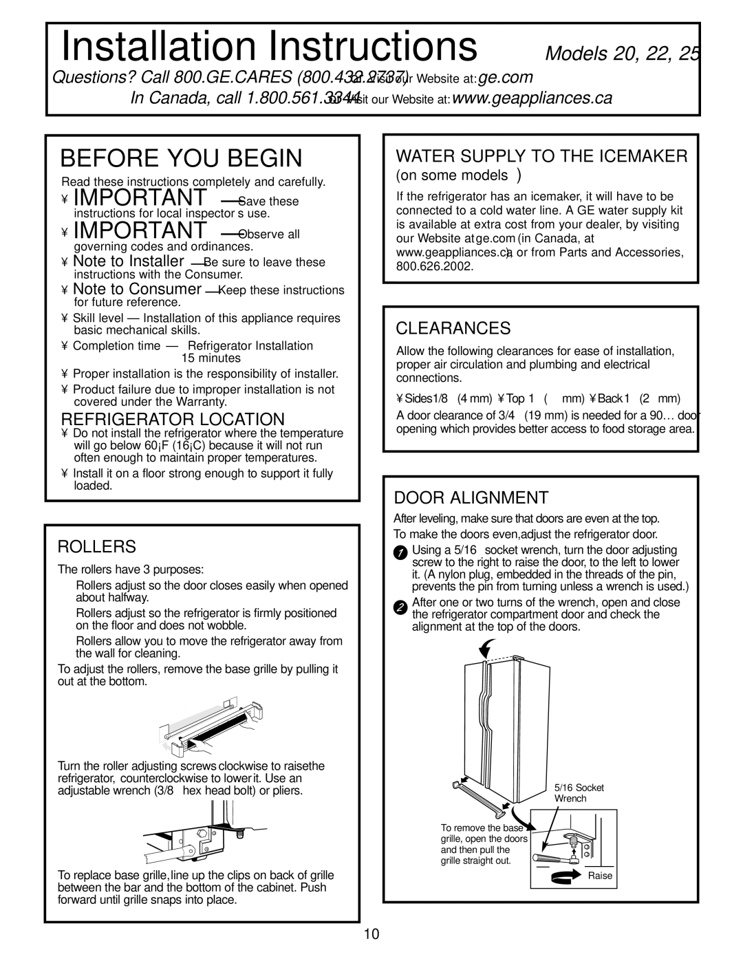 GE GSF25IGZWW manual Refrigerator Location, Rollers, Clearances, Door Alignment 