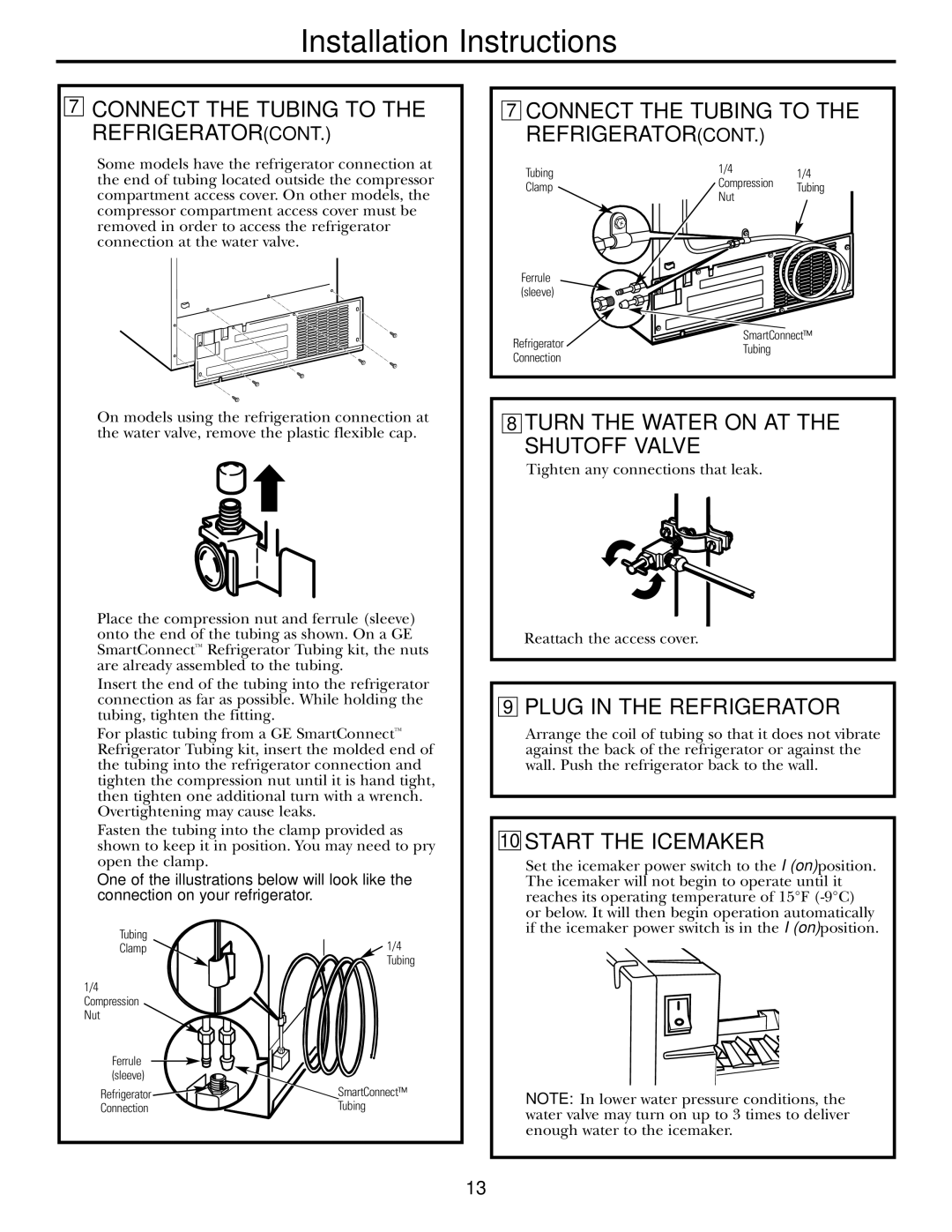 GE GSF25IGZWW manual Turn the Water on AT the Shutoff Valve, Plug in the Refrigerator, Start the Icemaker 