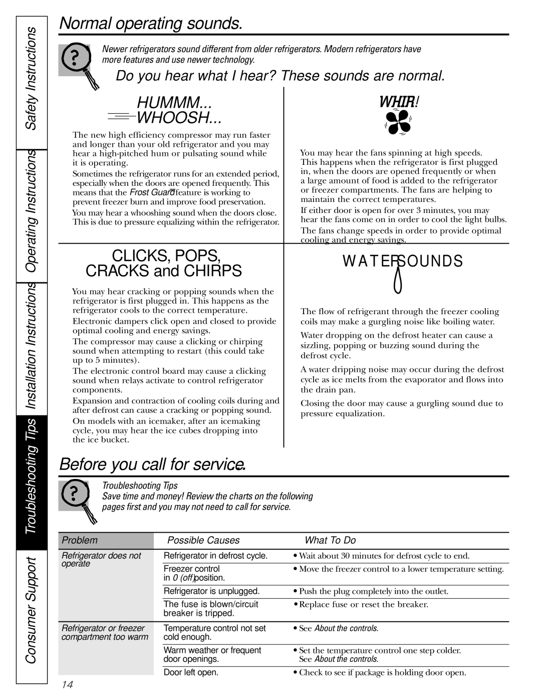 GE GSF25IGZWW manual Normal operating sounds, Before you call for service… 