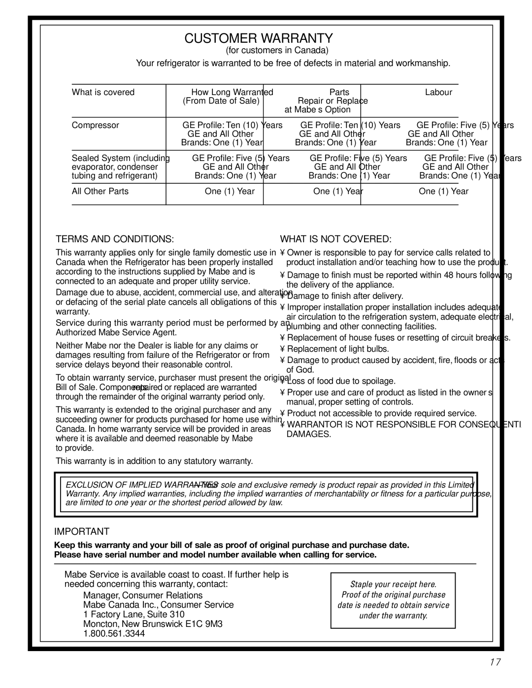 GE GSF25IGZWW manual Customer Warranty 