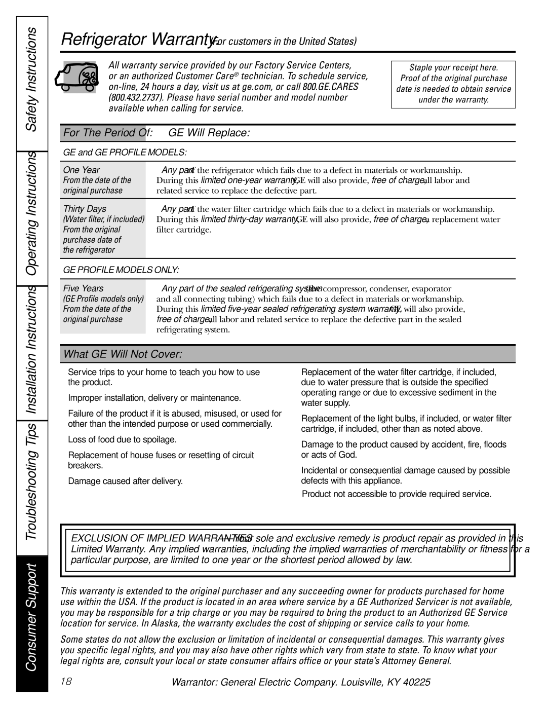 GE GSF25IGZWW manual Instructions Operating Instructions Safety Instructions, GE Will Replace, What GE Will Not Cover 